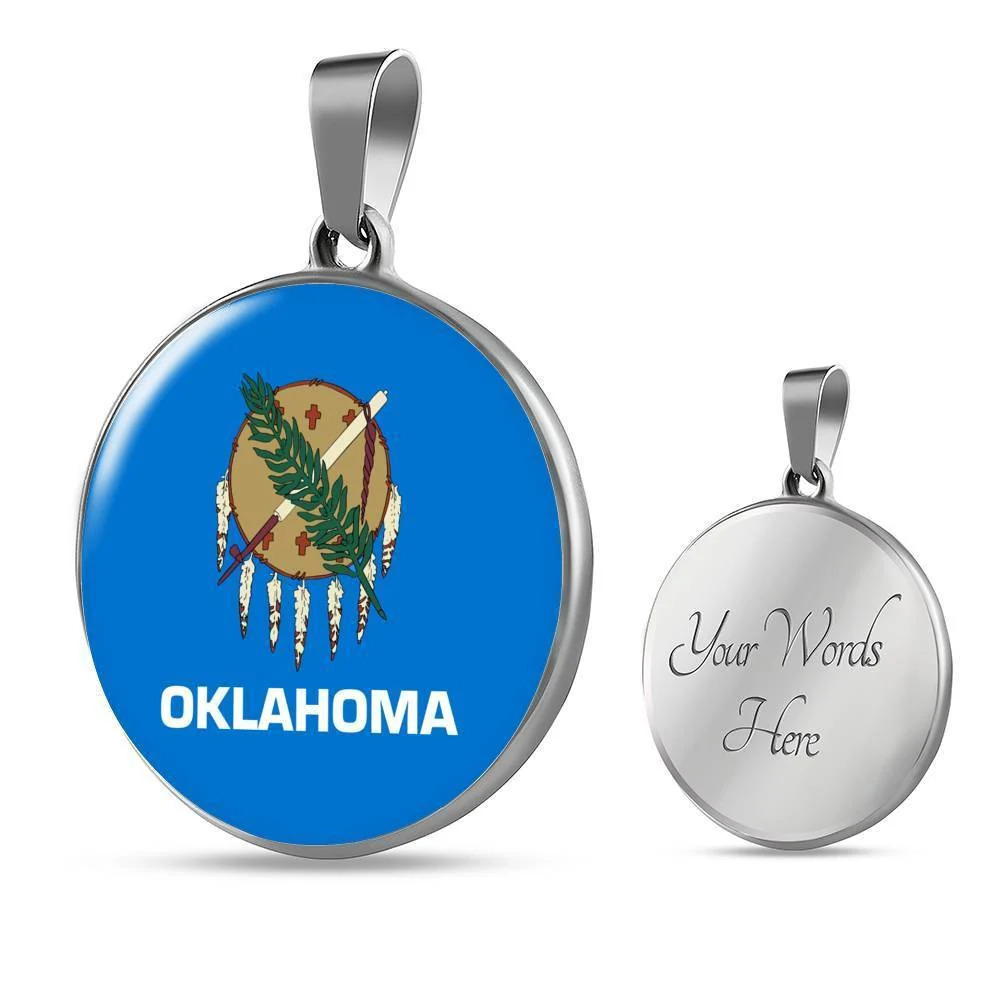 Oklahoma State Flag Circle Pendant Necklace Stainless Steel 24 Inch Chain Silve